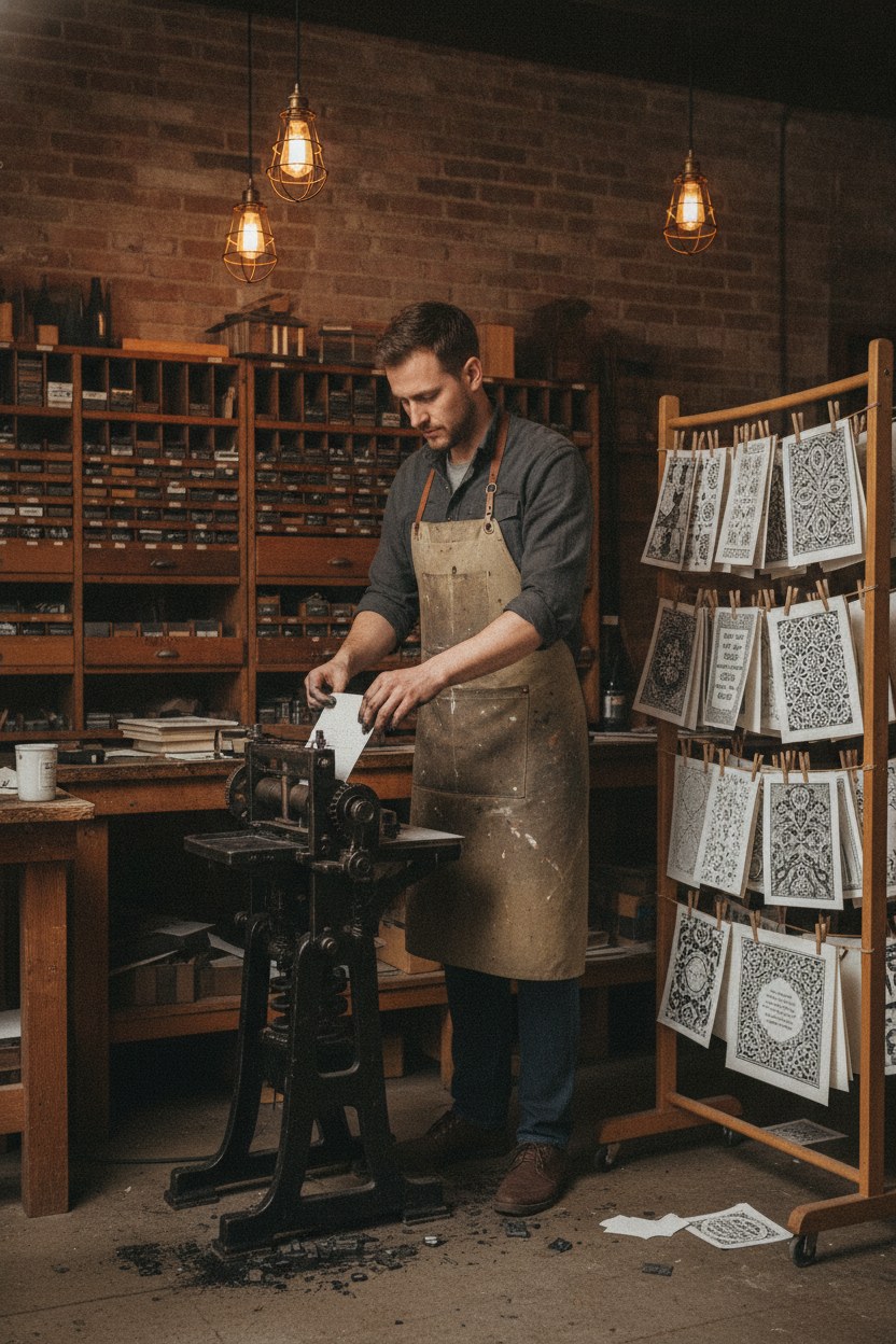 Baran Güneş — baskı uzmanı, letterpress presi başında